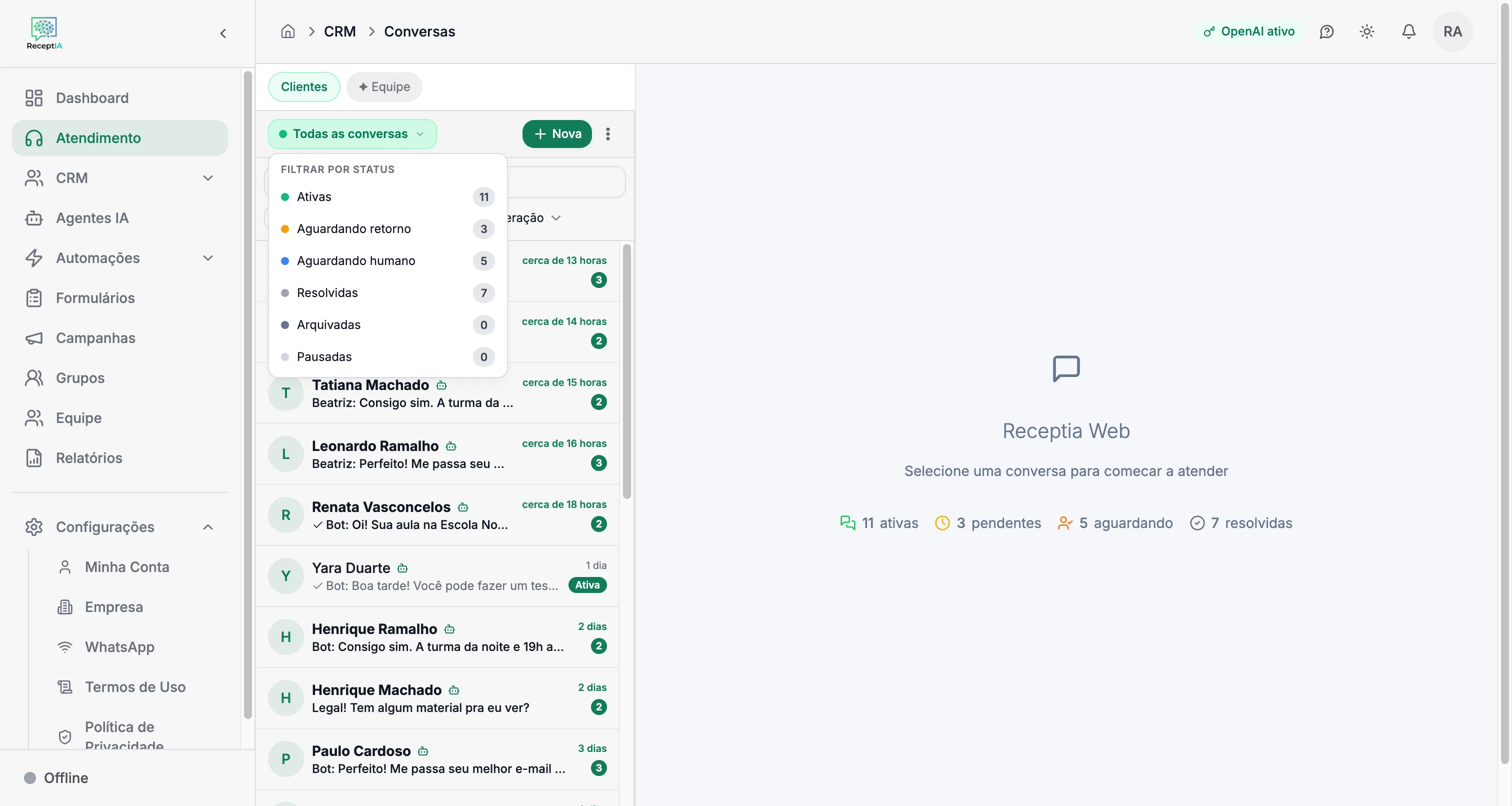 Filtro por status com contagem de conversas