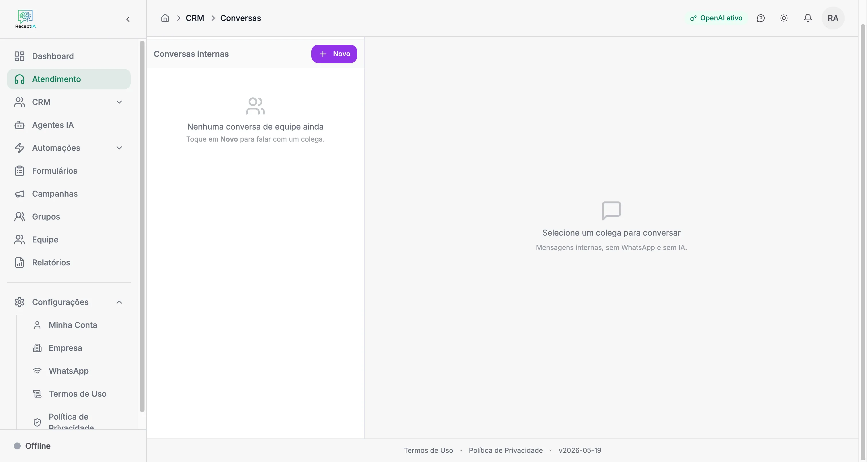 Aba Equipe — chat interno entre colegas