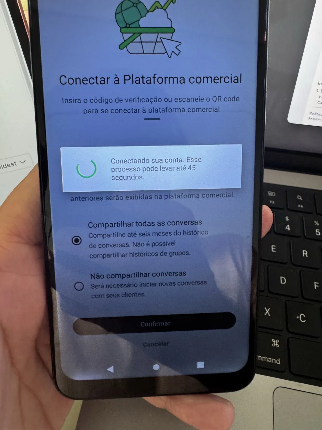 Aviso "Conectando sua conta. Esse processo pode levar até 45 segundos."