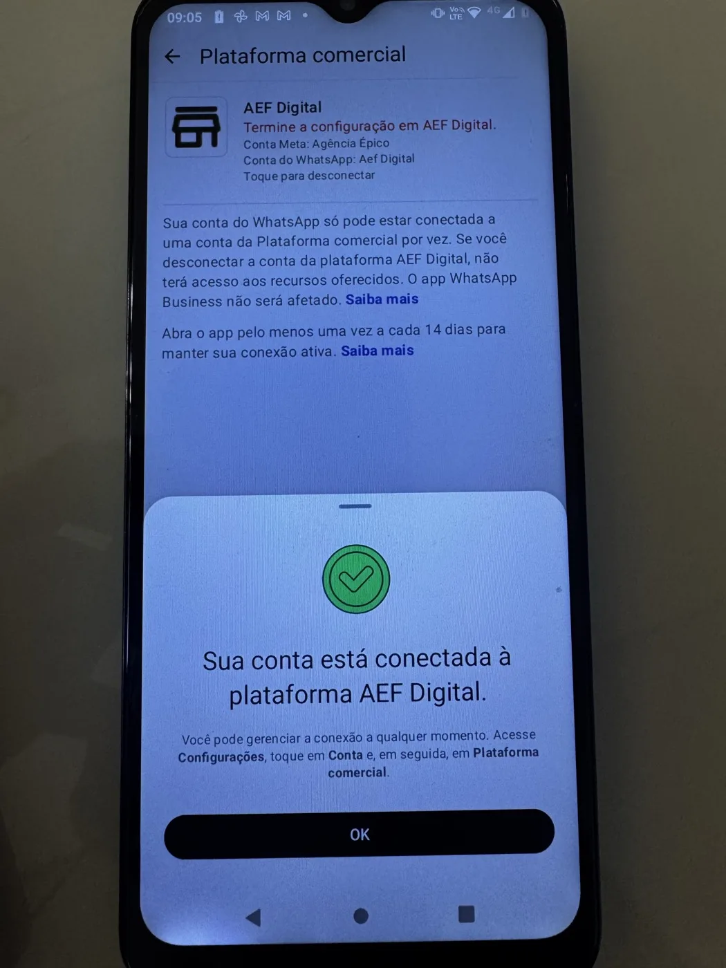 Confirmação de conta conectada e aviso para abrir o app a cada 14 dias